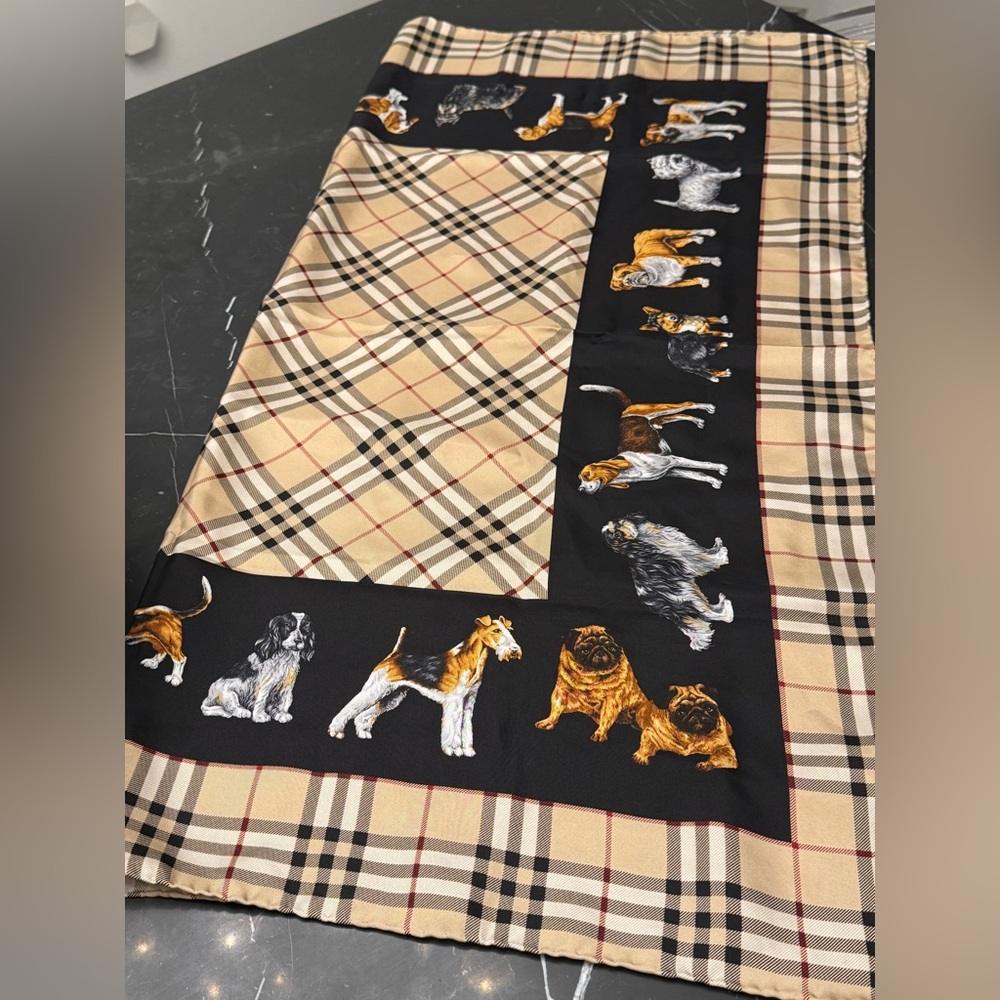 Burberry Beige and Black Dog Print Silk Scarf